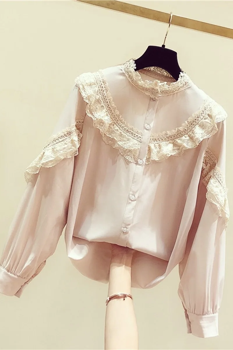 

2020 New Spring Autumn Female Shirts Elegant Lace Patchwork Stand Collar Long Sleeve Blouses Casual Women Bottoming Tops