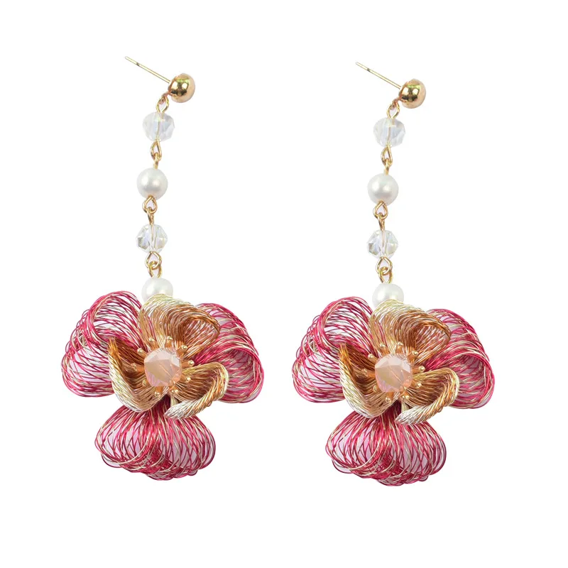 

Ethnic Style DIY Copper Wire Braided Drop Earrings for Women Girls Fashion Crystal Pearls Patchwork Flower Earrings Accessories