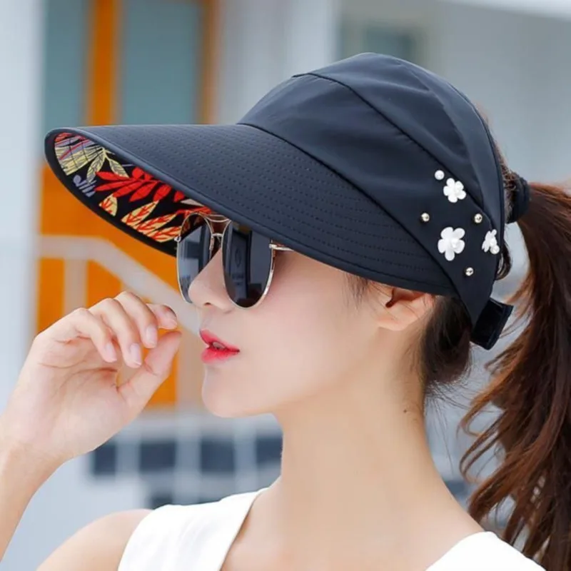 

Hot Summer Sun Hat With Pearl Adjustable Big Heads Wide-brimmed Beach Hat UV Protection Packable Sun Visor Hat With 1PCS Ltnshry