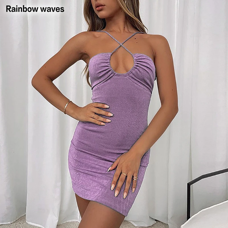 

Rainbowwaves Knitted Solid Women Cross Halter Spaghetti Strap Mini Dresses Sexy Summer Hollow Out Party Club Bodycon Dress