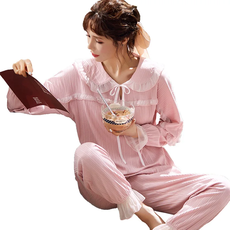 

2020 Autumn New Cotton Pajamas Female Korean Version of The Palace Style Pink Sweet Home Service Two-piece Suit Loungewear Women