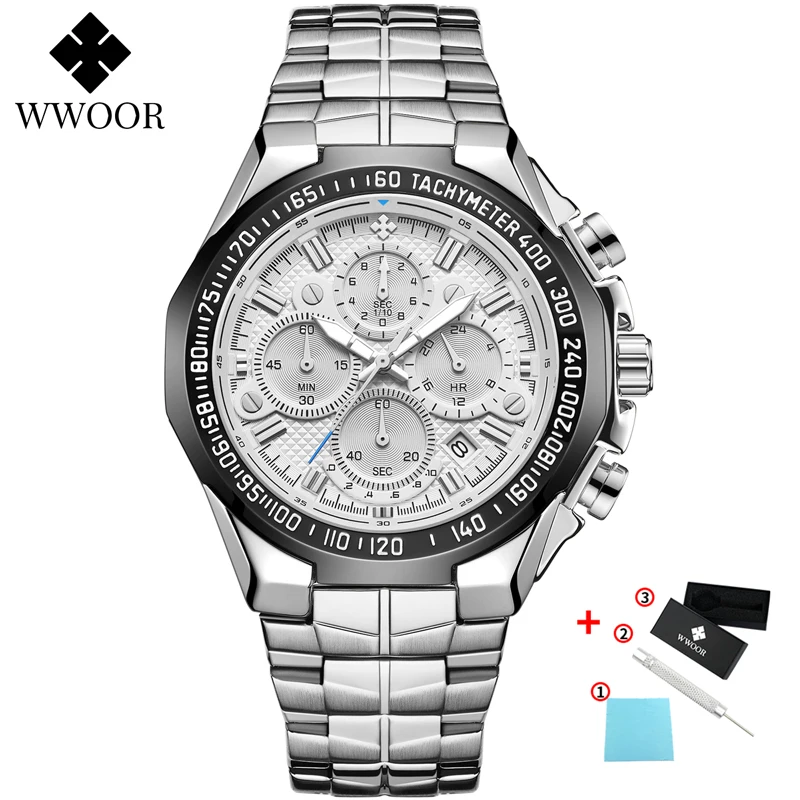 White Black Мужские кварцевые часы, мужские, Топ бренд, роскошные WWOOR, золотой хронограф, большой циферблат, повседневные спортивные водонепроницаемые наручные часы - Цвет: White Black