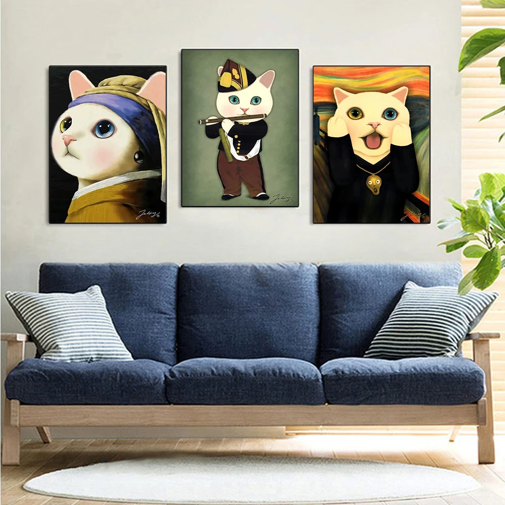 

Funny Cartoon Lovely Cat Printed Canvas Modern Oil Painting Poster Nordic Art Mural Home Decor Painting Living Room Decoration