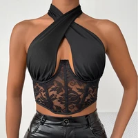 sexy backless halter neck camisoles women lace floral strappy vest sleeveless crop tops party clubwear summer ladies tops
