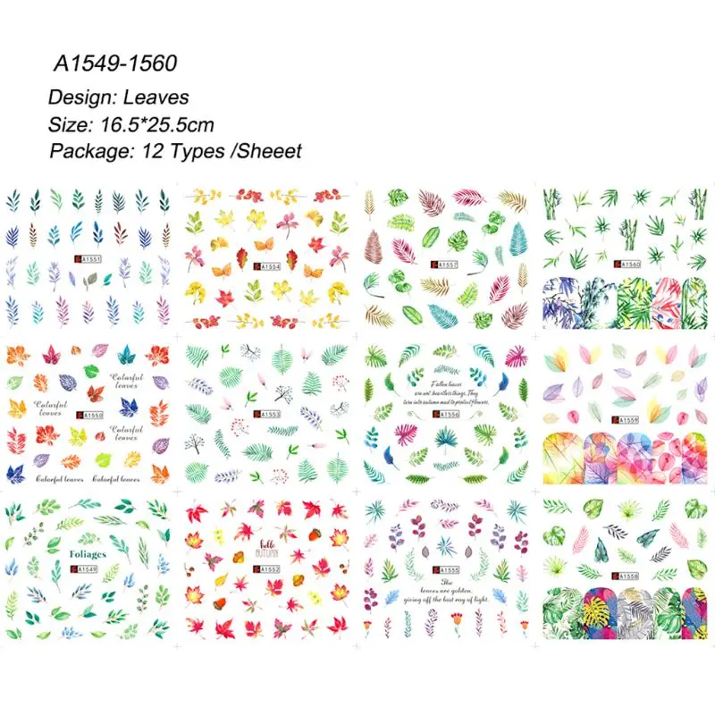 

97QE 12 Pcs/set Nail Watermark Sticker Large Green Plant Pattern Epoxy Filling Material Trend Lady DIY Nails Making Filler