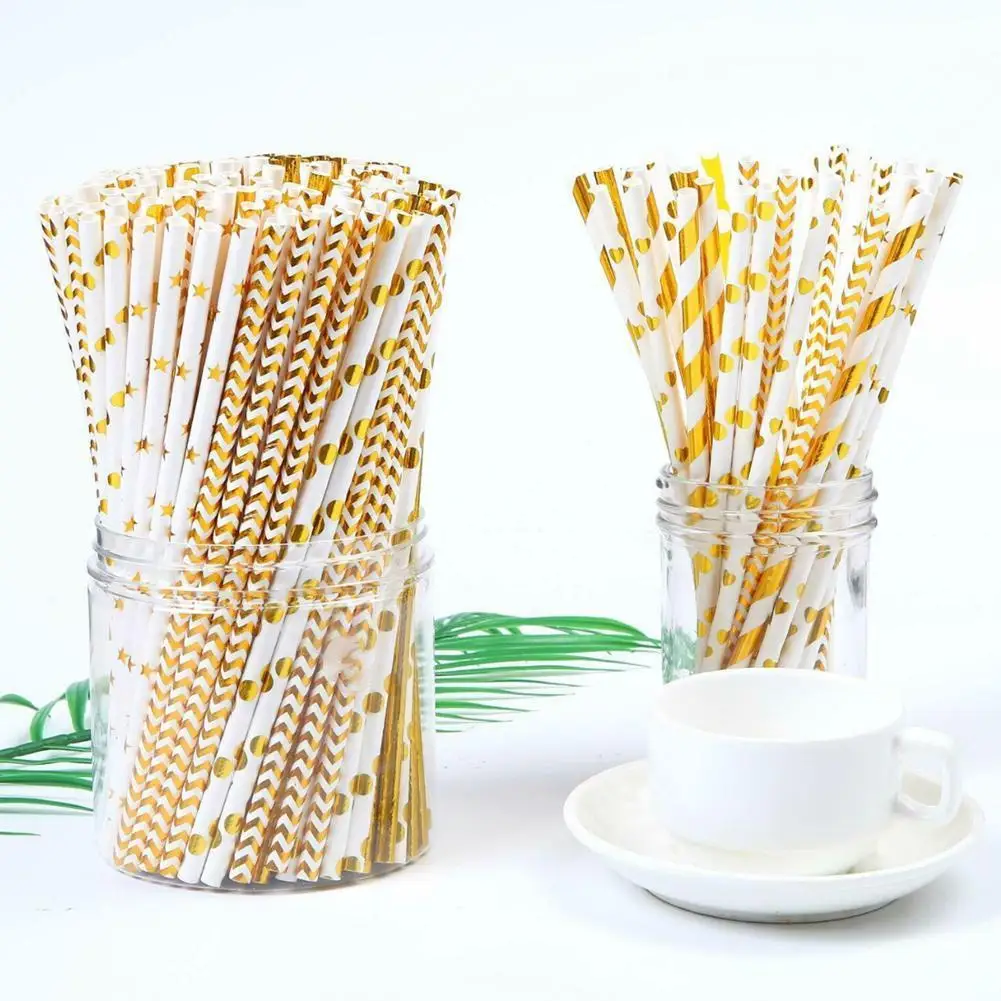 

50pcs Gold foil Disposable Paper Straw Christmas Wedding Kids Drink Birthday Cartoon Supplies Juice Degradable Party Straw D2I8