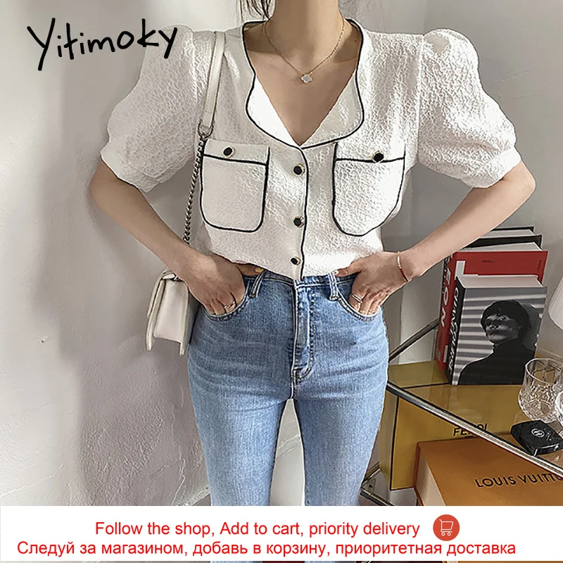 

Yitimoky Casual Women Shirts O-Neck Contrase Color Puff Sleeve 2021 Summer Fashion Korean New Single Breasted Pockets Shirt