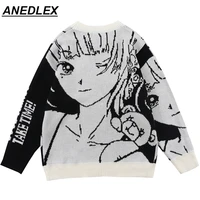 2021 hip hop streetwear knitted sweater japanese anime girl print pullover men woman autumn harajuku cotton casual sweater white