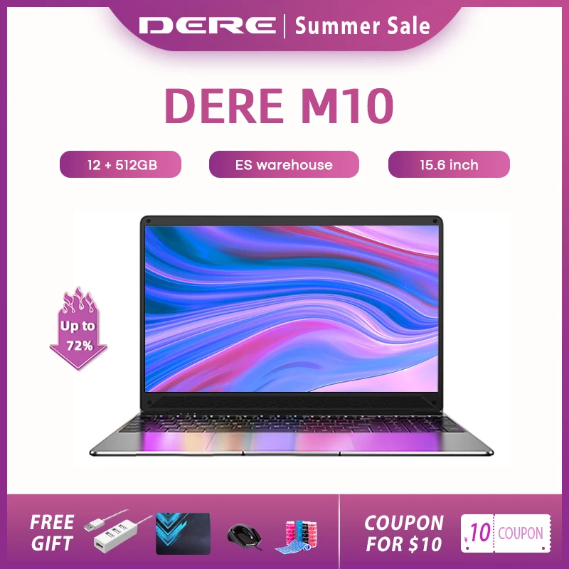 Ноутбук DERE MBook M10, 15,6 дюйма, Intel Celeron N5100 12 ГБ 512 ГБ FHD 1920*1080, ноутбук, компьютер на Windows 10, мини-ПК для студентов - изображение
