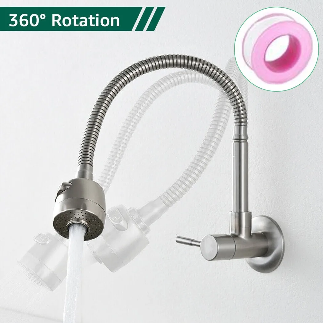 

Wall Mount SS Kitchen Faucet Mixer Sink Tap With 2 Function Spray For Hole Diameter 22-30mm Stainless Steel
