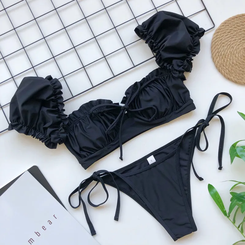 

Solid white ruffle swimsuit female Bandeau bikini 2021 Short sleeve swimwear women Tie side bathing suit High cut Biquini