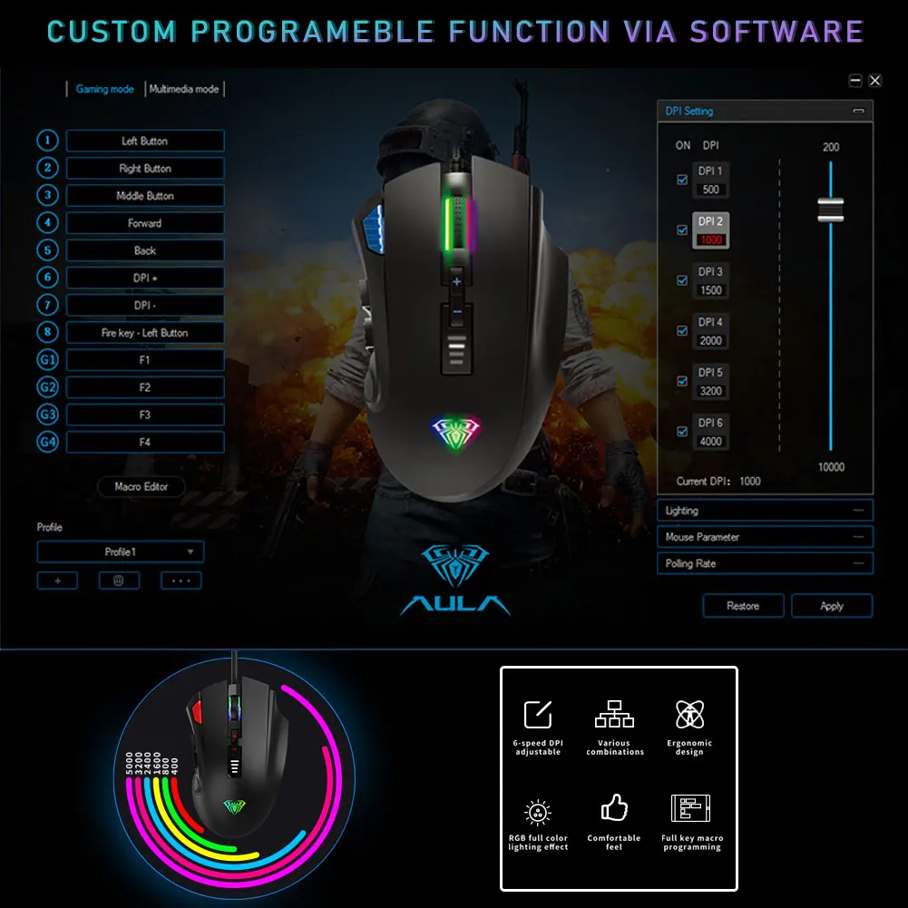 aula h512 rgb backlight gaming mouse 12 buttons programming 5000 dpi optical usb wired mouse with fire keys for laptop desktop free global shipping