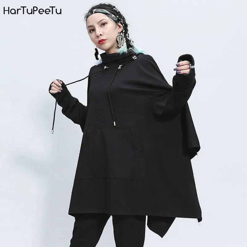 

High Collar Long Batwing Sleeve Black Loose Sweatshirt Oversize Hoodies Women Darkness Retro Cloak Coat Irregular Turtleneck