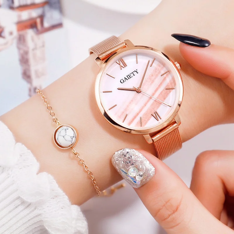 Pink Bracelet Set Производства марки gaiety люксовый цвета розового золота браслет часы представительского класса для Для женщин модные малахитовый зеленый циферблат сетки Сталь ремешок для девочек часы - Цвет: Pink Bracelet Set