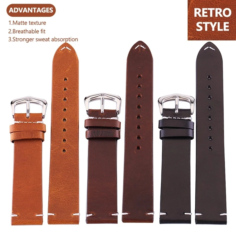 

18mm 19mm 20mm 21mm 22mm 24mm Band For Samsung Active 2 Smart Watch Straps Vintage Oily Leather Universal Wristwatch With Tool