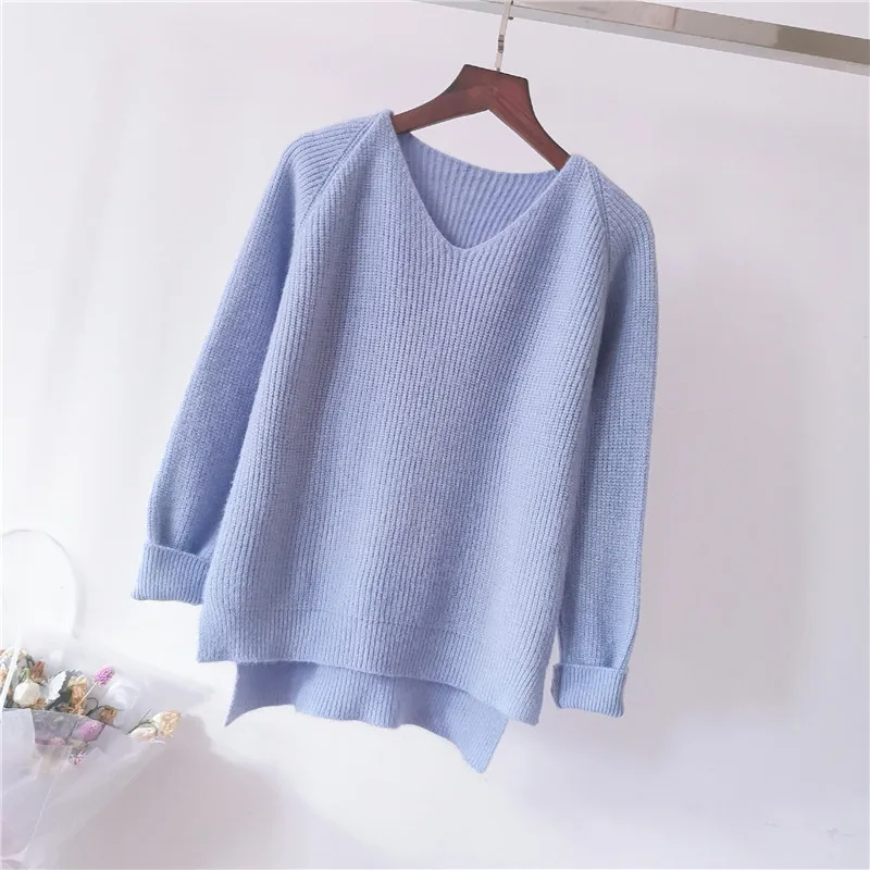 2019 Winter new sweaters solid color V-neck pullover women's full sleeve casual cotton autumn | Женская одежда