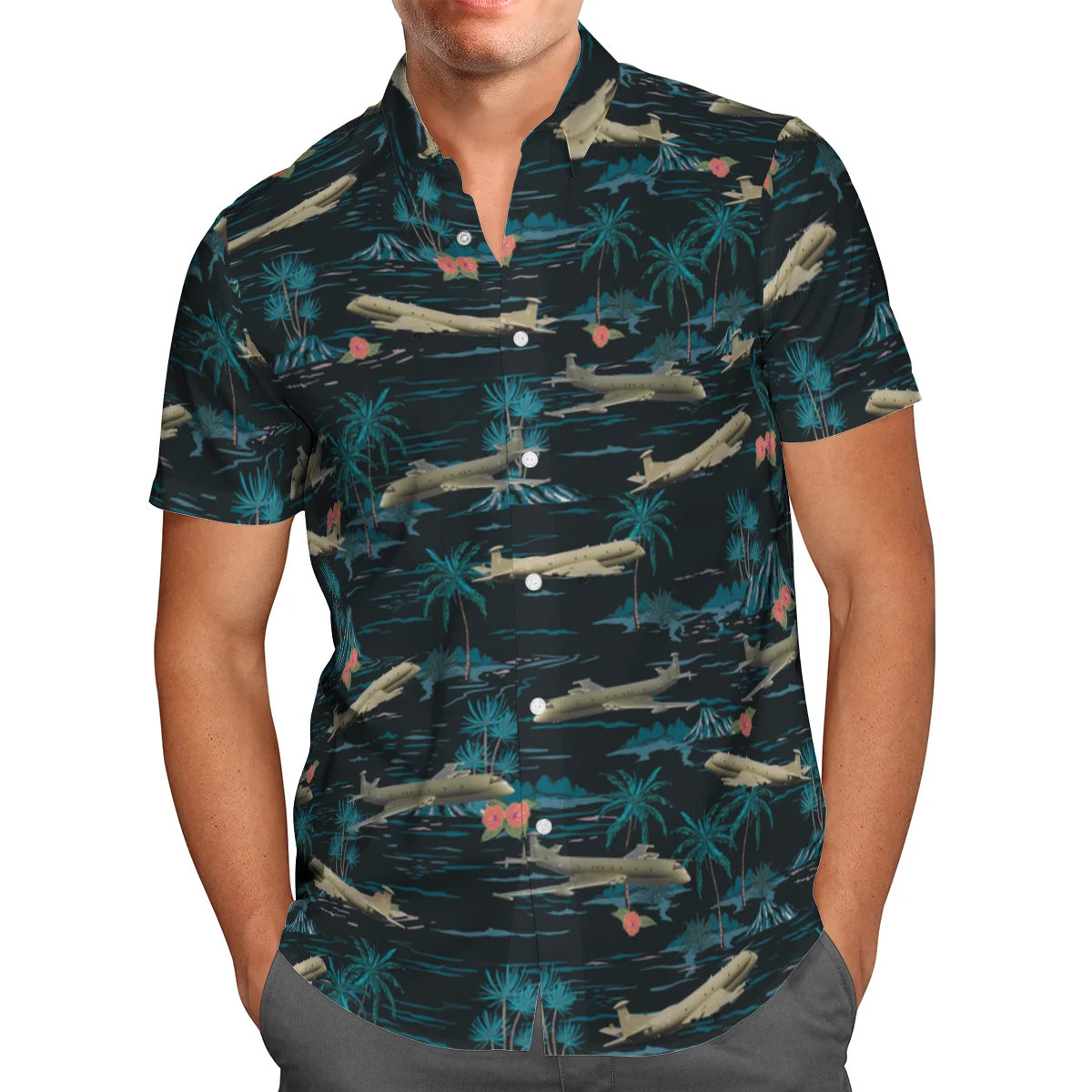 

Plane Print Short Sleeve Shirts For Men Loose Cardigan Button Shirts Plus Size Hawaiian Style Summer 2021 Ventilated Shirt W33