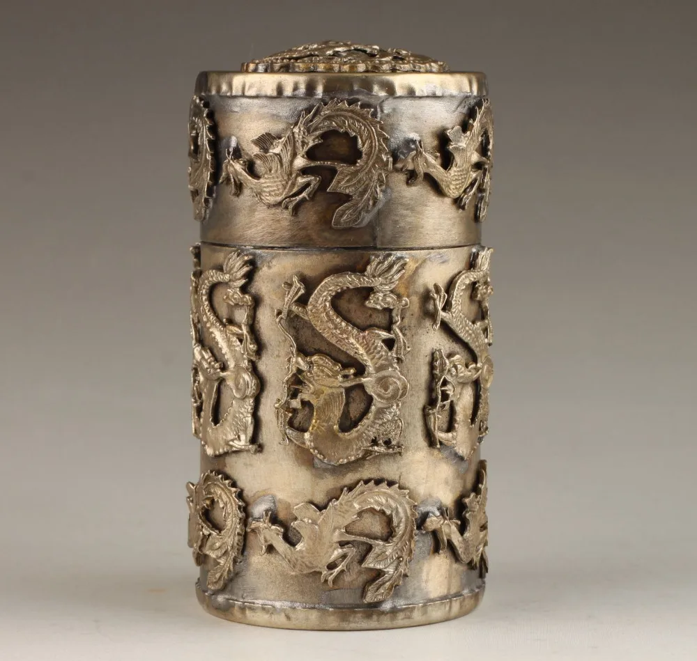 

A Pair Medicine old Vintage Collection Handmade Unique Tibetan Silver Dragon Phoenix Toothpick Box 2pcs Garden Decoration Bronze