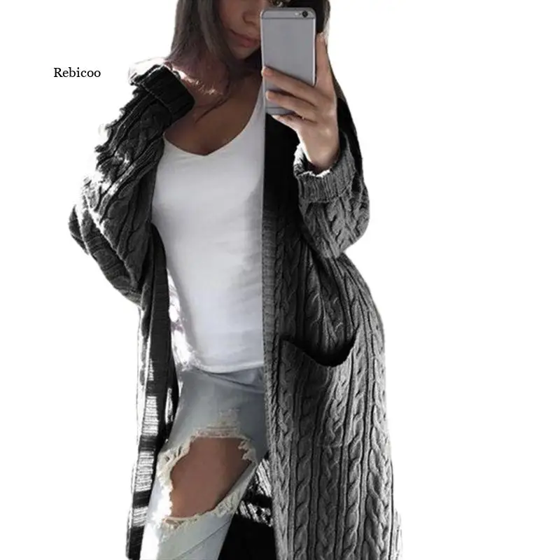 

New Womens Cardigan Coat Pockets Sweater Long Women Warm Sweater Thick Knitted Female Sweater Winter Plus Size