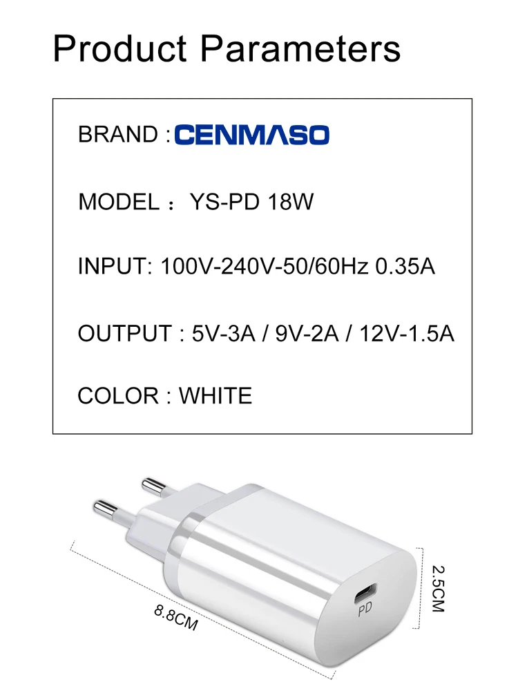 

CENMASO 18W Quick Charge EU Charger For iphone 12 11 Pro Max 12 Mini PD 3.0 Type-C USB C For Samsung Xiaomi Huawei Fast Charger