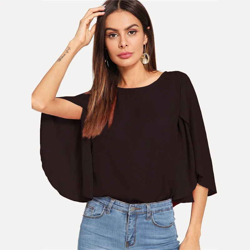 SHEIN Нарядная Одноцветная Блузка С Оригинальным Рукавом Элегантная Осенняя Блузка Для Офиса Современные Женские Топы