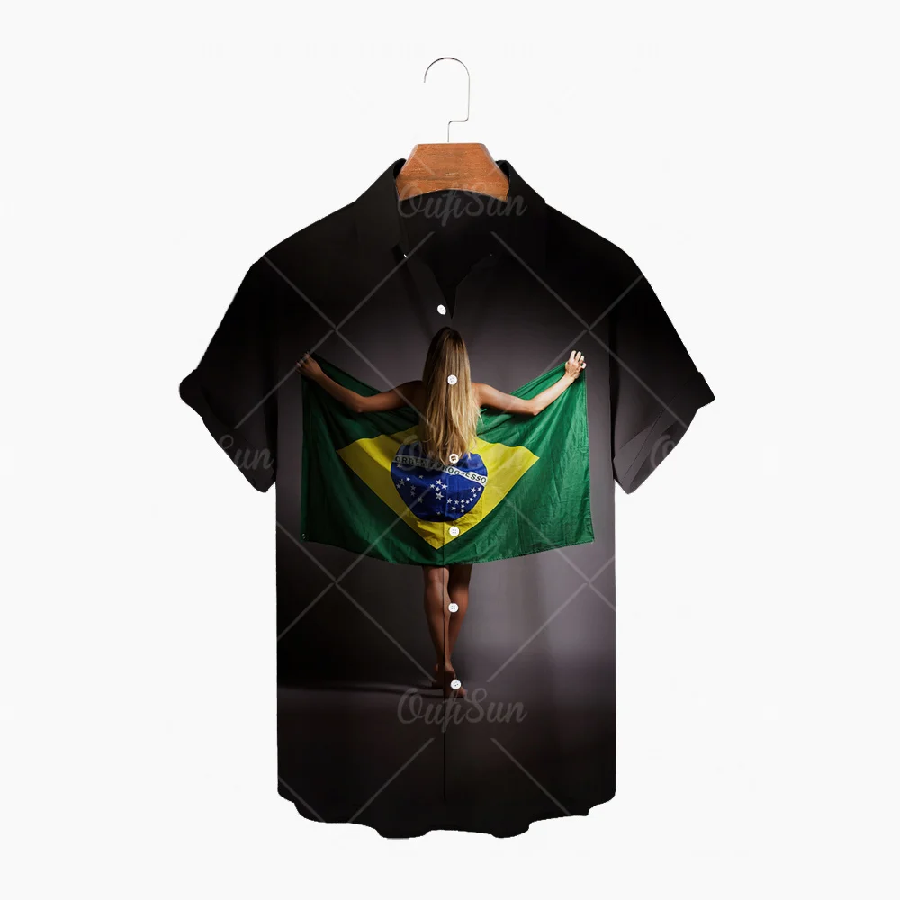 

New Brazil Flag Football Statue Of Christ Custom Pattern Shirt 3d Printing Short Sleeve Men Women Breathable Hawaiian Top Camisa