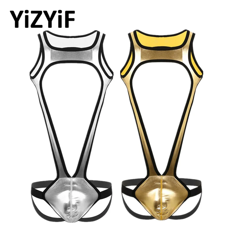 Мужские слитные боди Mankini блестящие металлические Широкие бретельки волнистый