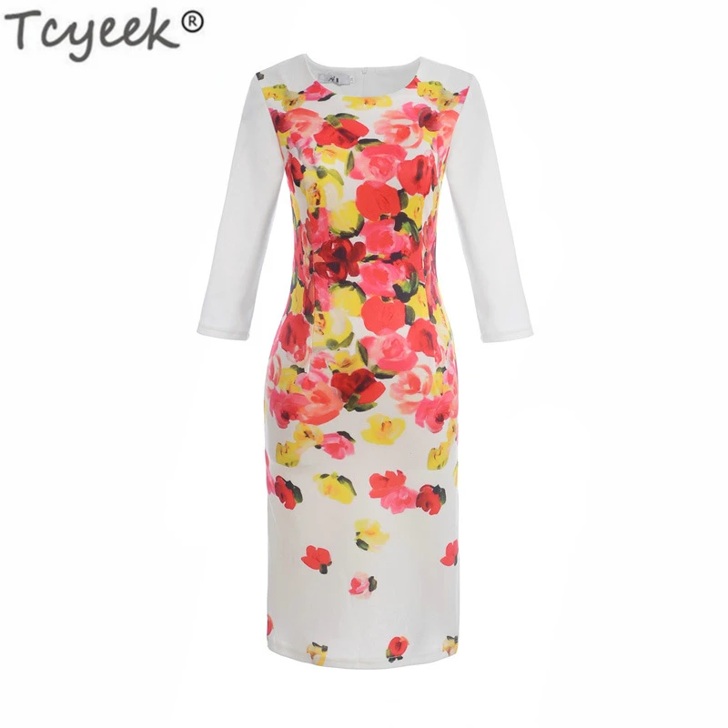Элегантное облегающее женское платье с длинным рукавом и цветочным принтом