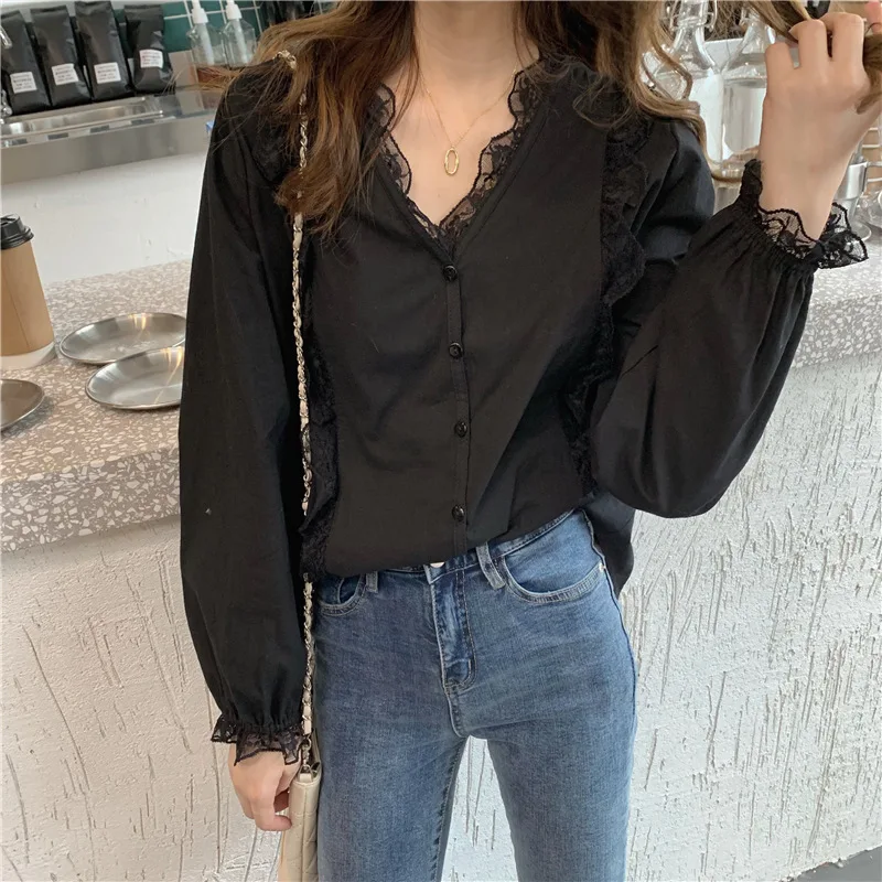 

[en jun] A1493 New Style Korean-style Loose Versatile Sense of Design Non-mainstream Tops Elegant Lace Shirt