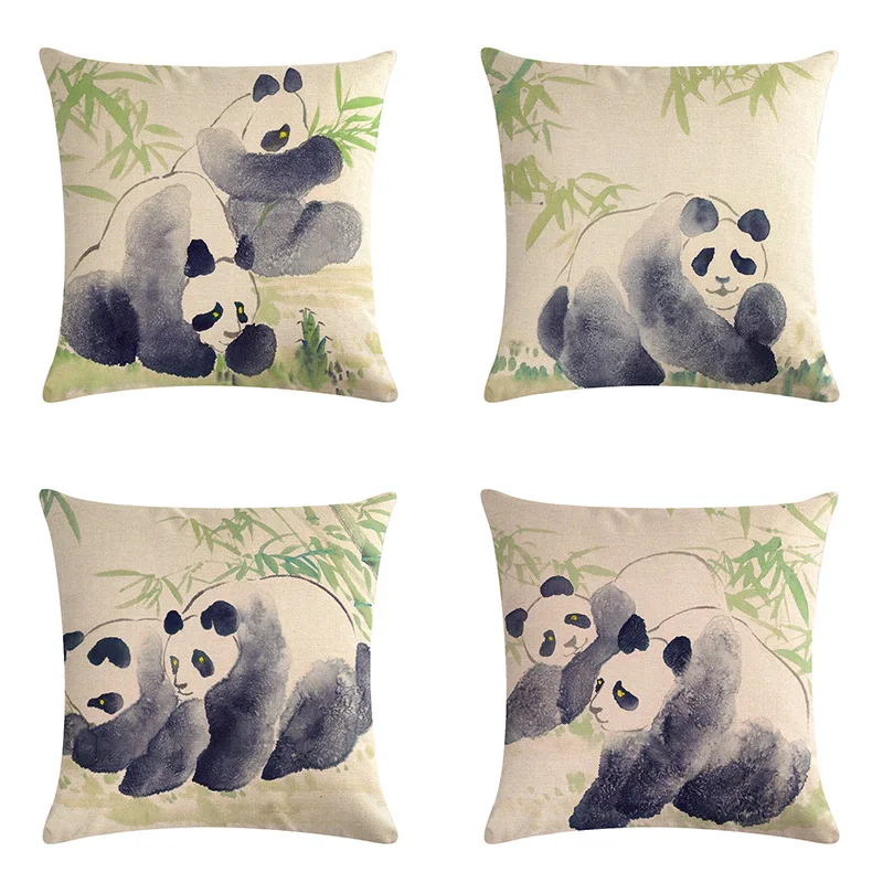 

Милый бамбуковый декоративный чехол для подушки в виде панды, наволочка для диванной подушки, льняная наволочка с чернильным рисунком, стил...