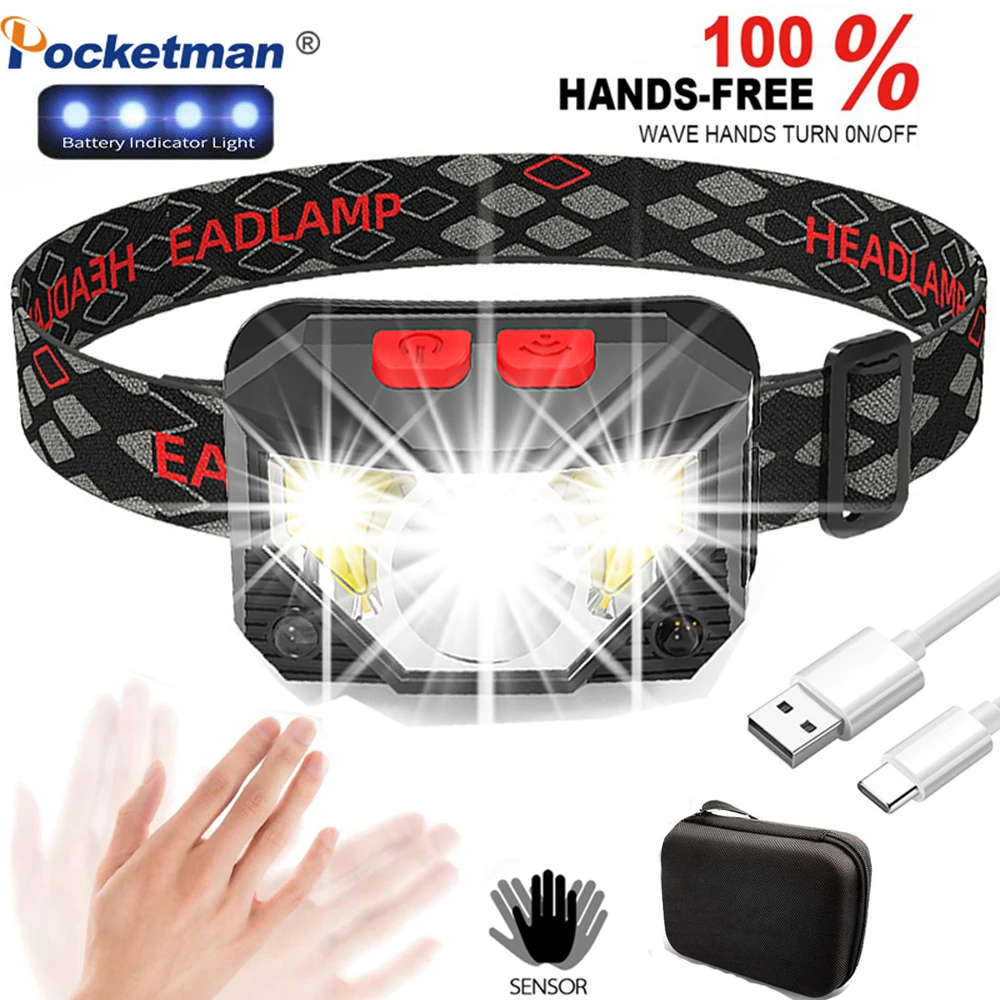 

Pocketman 25000lumens Hands-free LED Headlamp Motion Sensor Head Lamp With Built-in Battery Inductive Headlight Best Headlamps