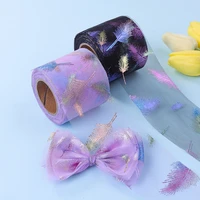 5yards glitter feathers printed organza satin ribbon for diy craft hair bow gift packaging wedding party decor material