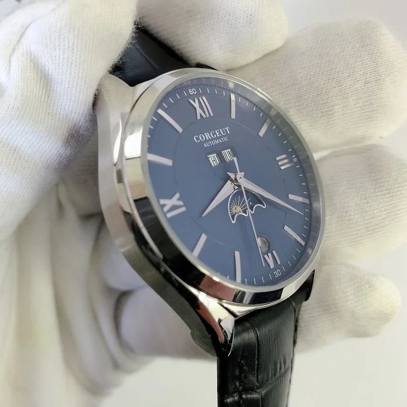 Corgeut 41 мм Moon Phase fashtion автоматические мужские часы Механические наручные