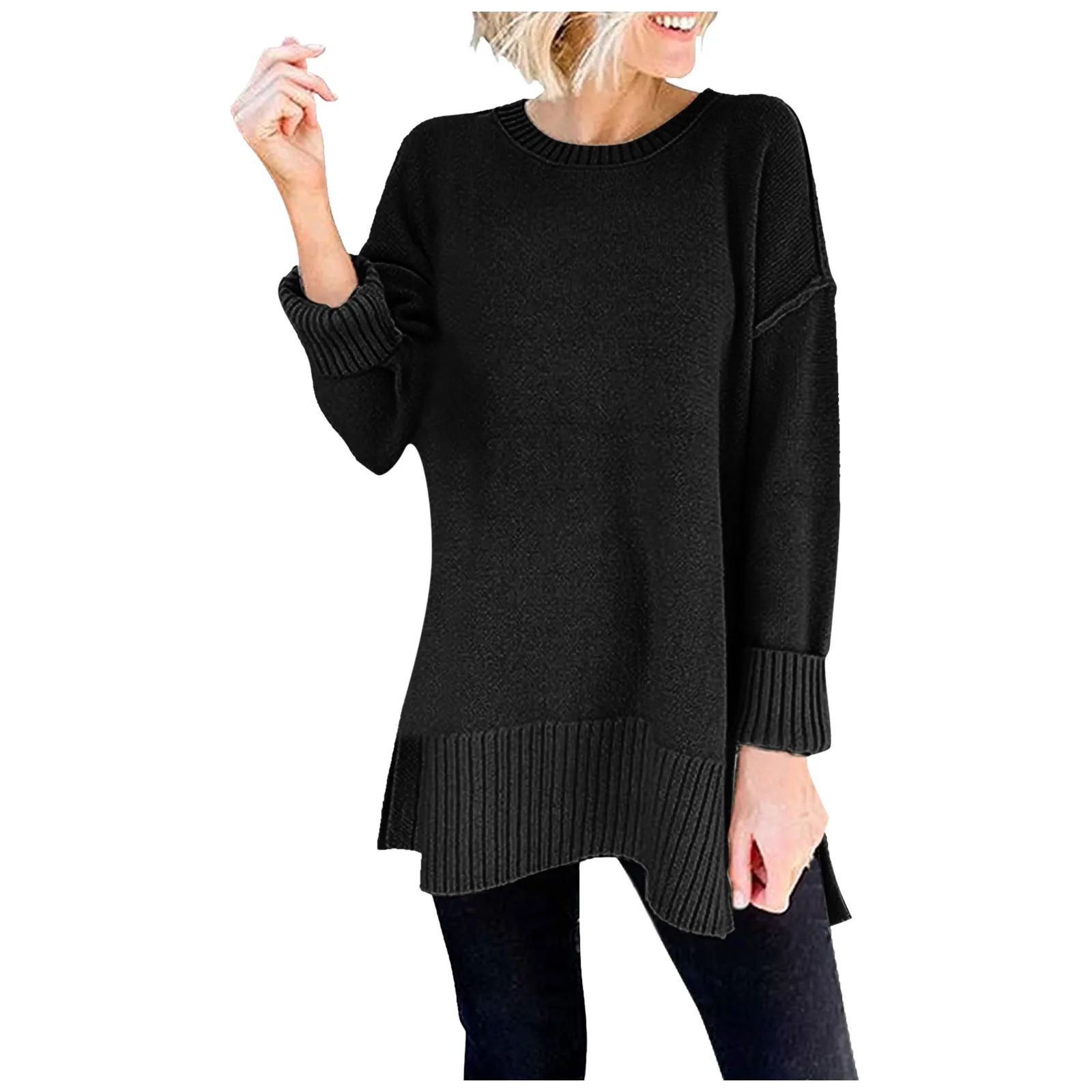 

Women'S Solid Color Round Neck Long Sleeve Side Slit Loose Knit Pullover Sweater Tunic Sweaters For Women