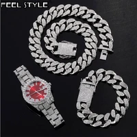 hip hop sillver color 20mm 3pcs kit watchnecklacebracelet bling crystal aaa iced out cuban rhinestones chains for men jewelry