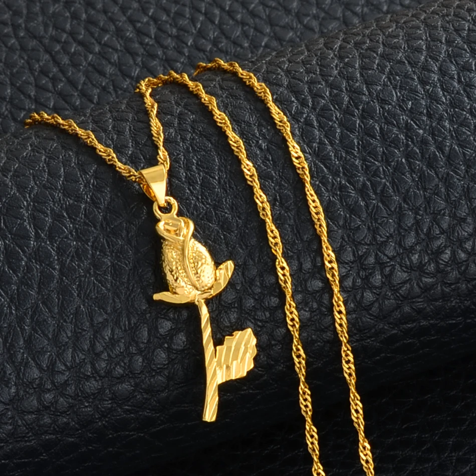Anniyo Flower Necklaces for Women Gold Color Rose Pendant Jewelry African Arab Womens Girls #022806 | Украшения и аксессуары