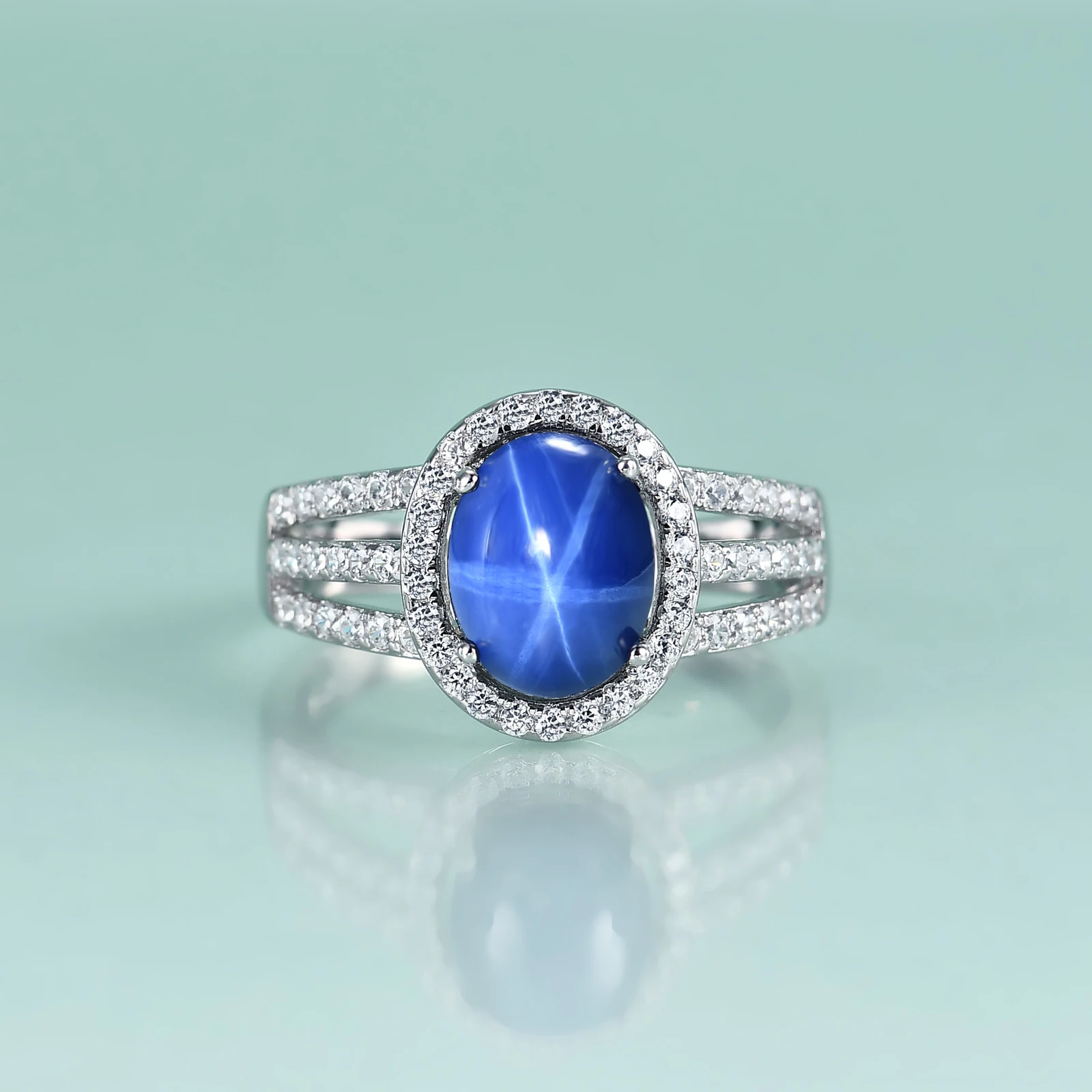 

Gem's Beauty Oval Lab Star Sapphire White Sapphire Halo Rings 925 Sterling Silver Hollow Out For Women Rings Luxury Fine Jewelry