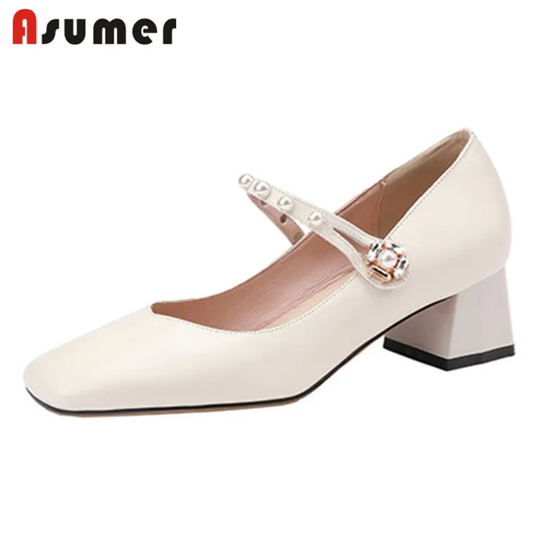 

ASUMER 2022 New Arrive Pearl Mary Janes Shoes Women Pumps Genuine Leather Shoes Square Toe Thick Heels Spring Single Shoes Lady