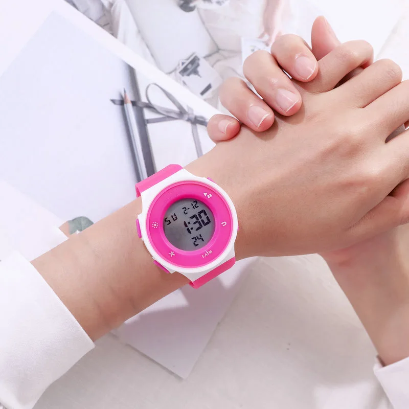 

Fashion Waterproof LED Digital Watch With PU Leather Strap Round Dial Wrist Watch for Casual Daily Kids Boys Girls SWD889