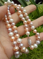 HABITOO Natural 8-9mm South Sea White Pink Purple Multicolor Pearl Necklace 18" 14k Clasp Jewelry for Women Charming Gifts