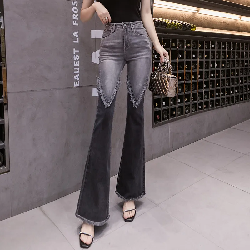 

High Waist New Elastic Fabric Women Fashion Jeans Flare Pants Casual Slim Patchwork Female Denim Jeans Ladies trousers
