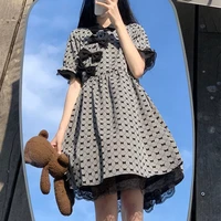 japanese harajuku womens dress sweet retro bow lace princess dress soft girl kawaii lolita plaid mini dress gothic dress dark