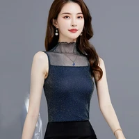 shiny lurex lace transparent mesh casual summer women tank tops 2022 solid color sleeveless shirt camisole female slim black