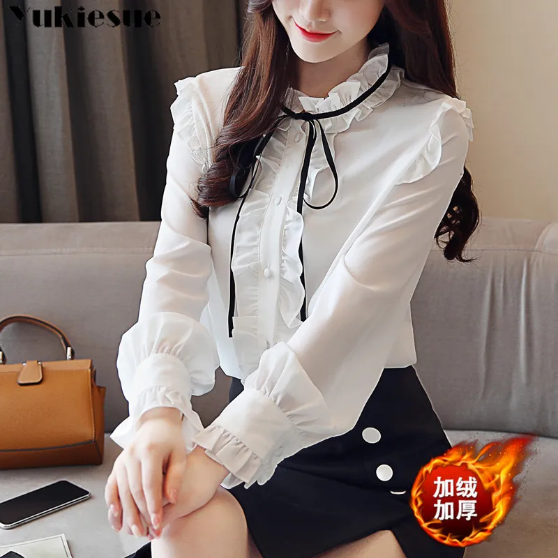 Женская теплая шифоновая блузка с длинным рукавом и бантом | одежда