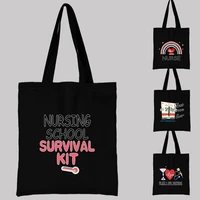 womens black shopping bag casual commuting large capacity cartoon nurse pattern printed canvas shoulder bag tote bag reusable