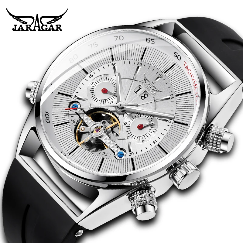 Модные мужские автоматические механические часы JARAGAR черные Tourbillion с силиконовым