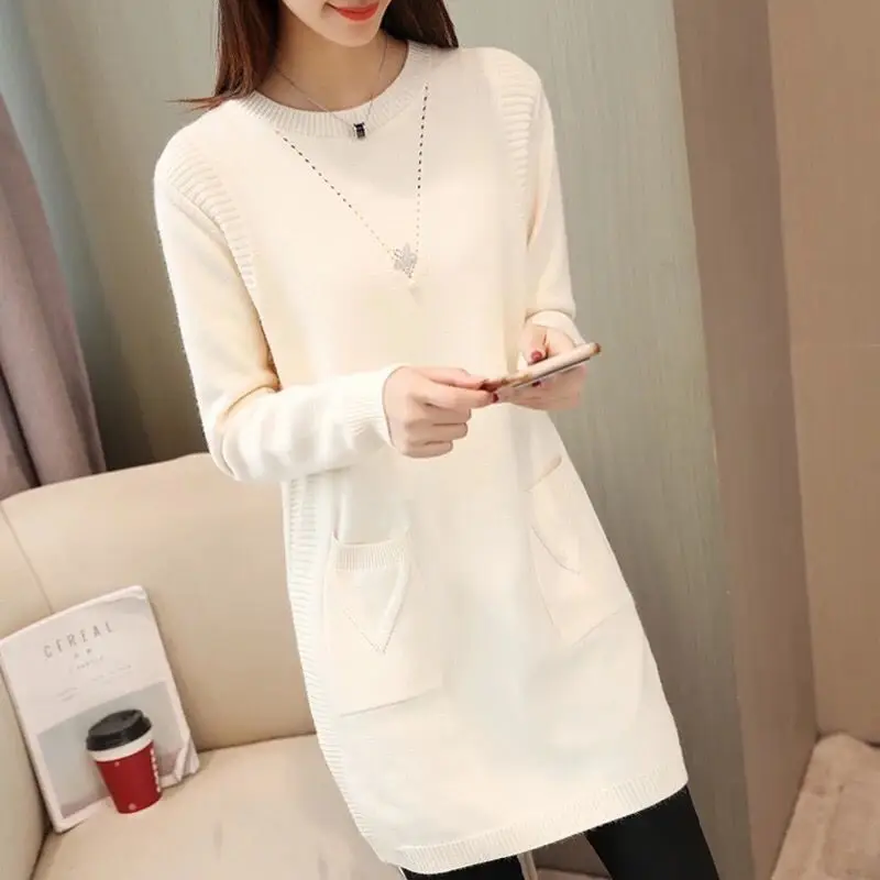 Осенне-зимние женские свитера повседневные однотонные вязаные с круглым вырезом
