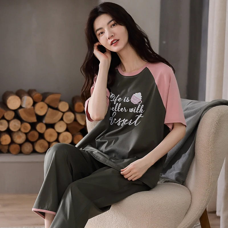 

Модный серый лоскутный женский костюм из двух предметов, пижамные комплекты, летняя хлопковая домашняя одежда для отдыха с круглым вырезом ...