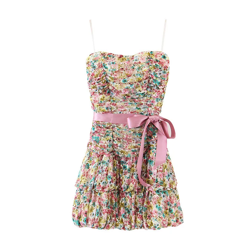 Женское платье на бретельках с бантом и цветочным принтом мини высокой талией