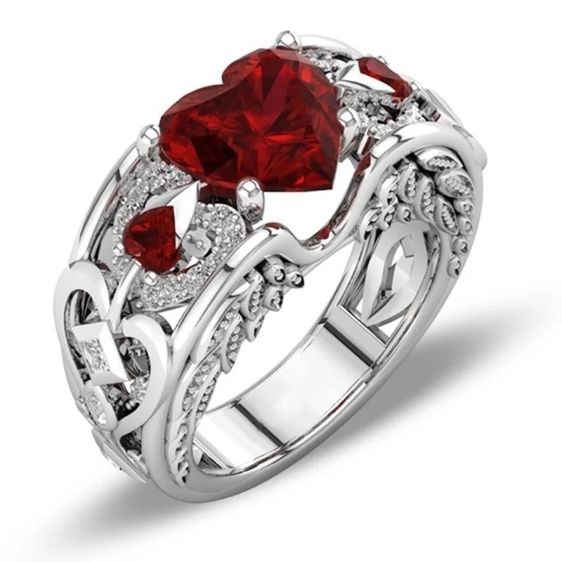 

Silver Color Finger Ring Red Love Heart Zircon Decoration Ring Wedding Jewelry Festival Gift For Women